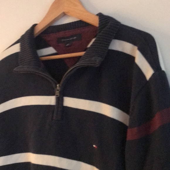 3 tone Tommy Hilfiger horizontal striped zip up sweater dark blue, white, maroon - Picture 2 of 4